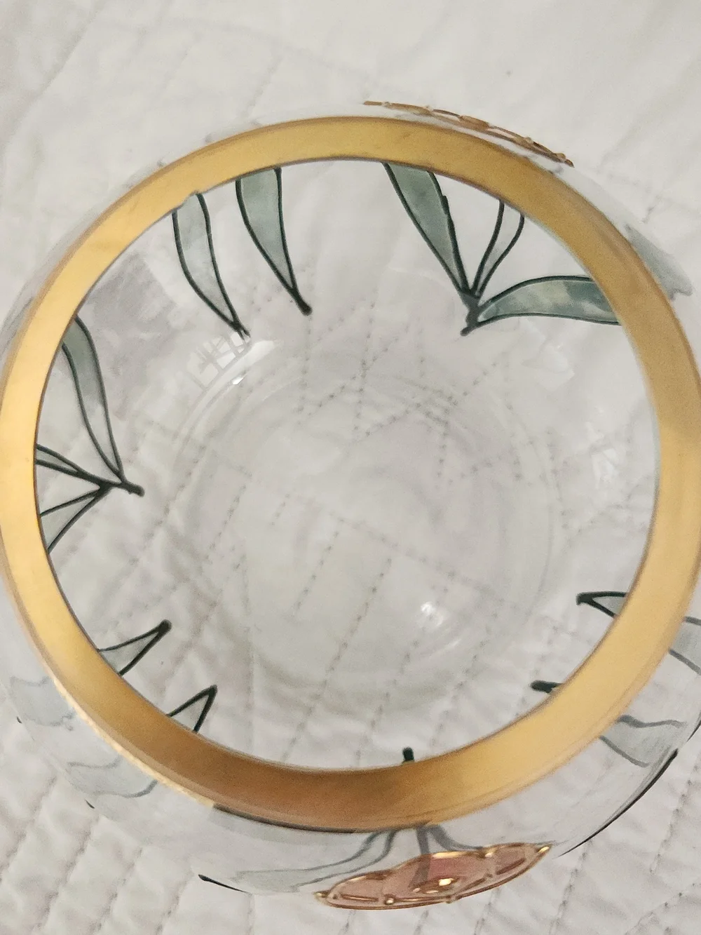 Vintage Romanian Crystal Bowl Vase Hand Painted Floral Gold Rim Mid Century Deco